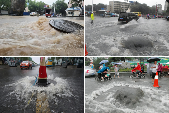 臺風(fēng)致濟南暴雨多井蓋現(xiàn)“泉涌”，智能井蓋臺風(fēng)天護市民腳下安全(圖1)